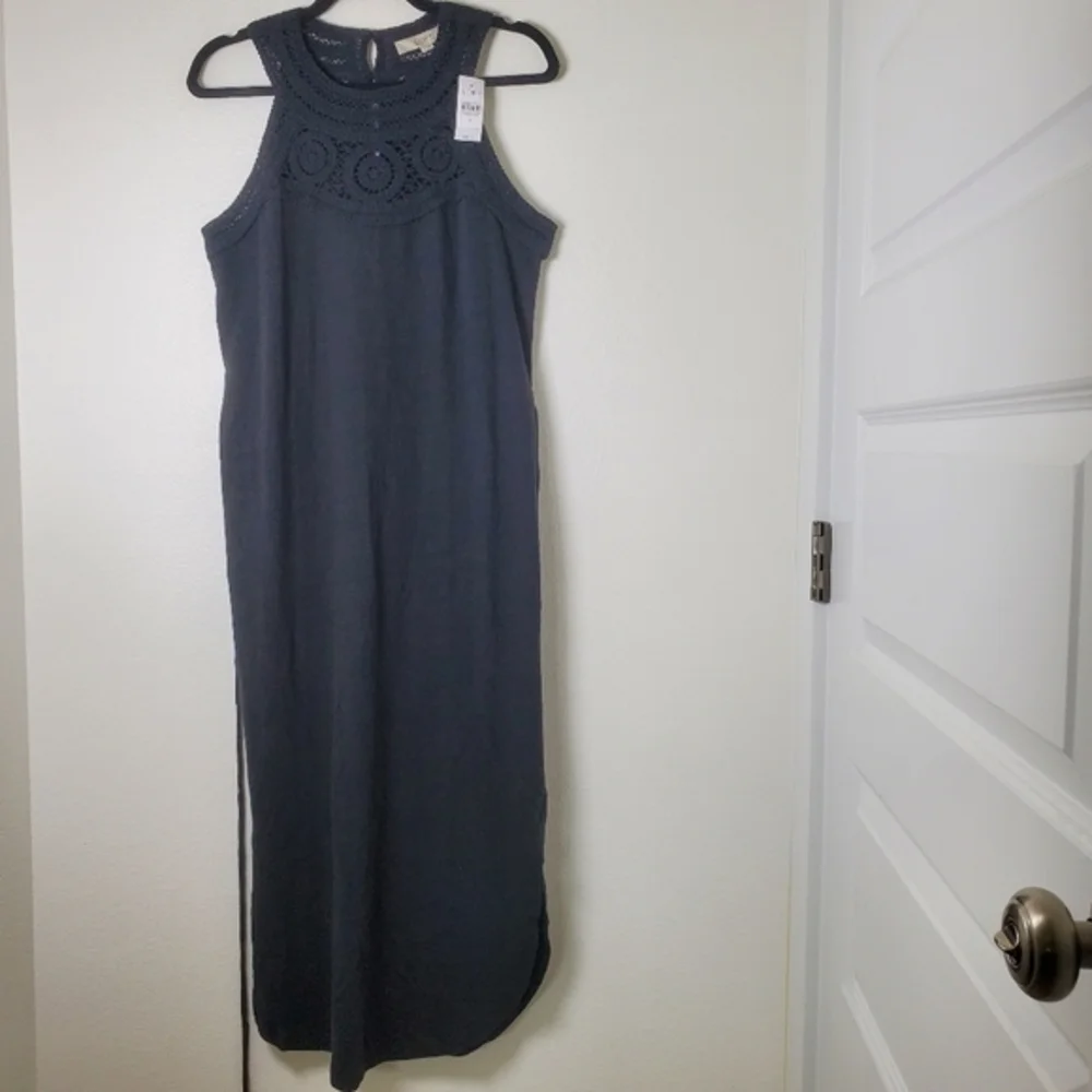 LOFT NWT‎ Women's Black Crochet Halter Neck Sleeveless Knit Cotton Midi Dress